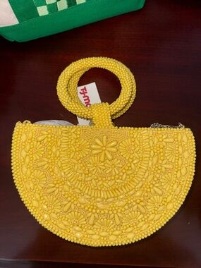 Yellow Beaded Half-Moon Tote with Round Handle